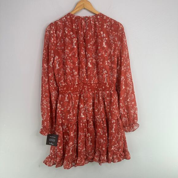 Lulus Too Cute Rust Red Floral Print Smocked Long Sleeve Mini Dress - Picture 8 of 9